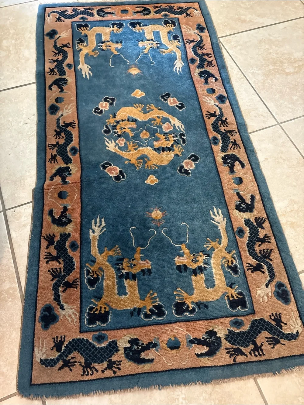 Vintage Chinese-Style Dragon & Crane Runner Rug – Unique Decorative Piece